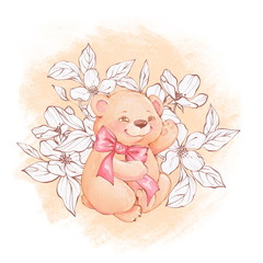 Teddy Bear with flowers. Cute illustration for cards