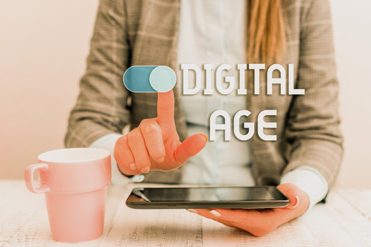 Text sign showing Digital Age. Business photo text introduction of the demonstratingal computer with subsequent technology Business woman sitting with mobile phone and cup of coffee on the table