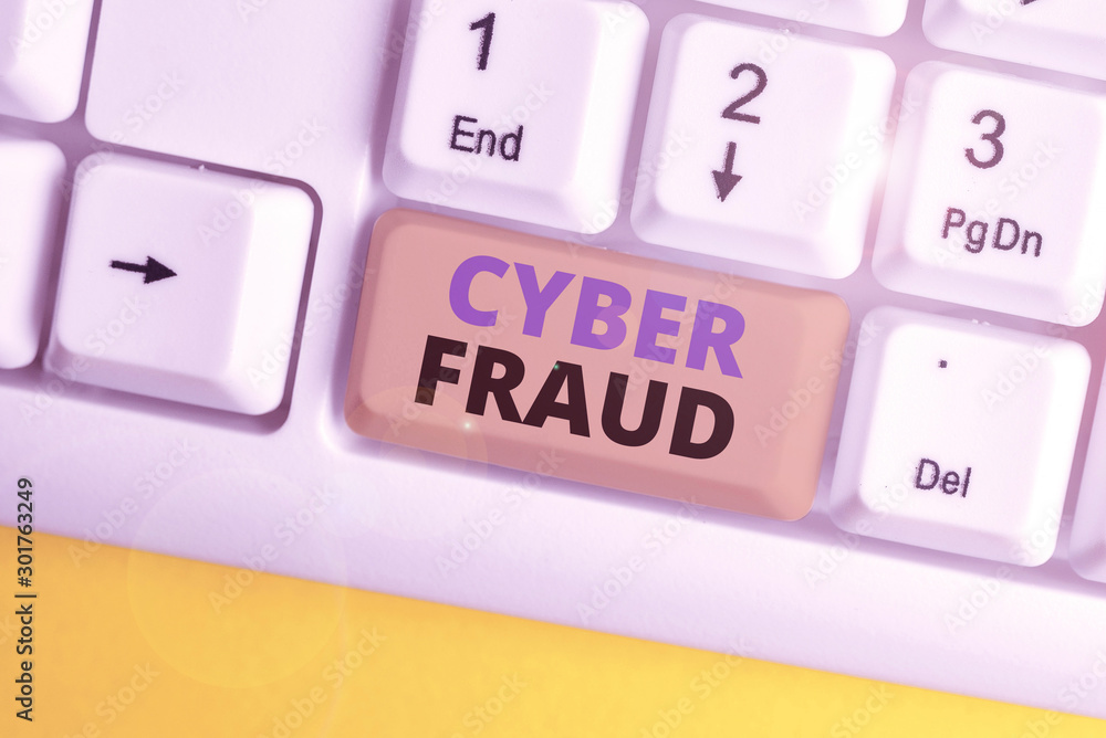Poster word writing text cyber fraud. business photo showcasing any crime that is committed with the use of
