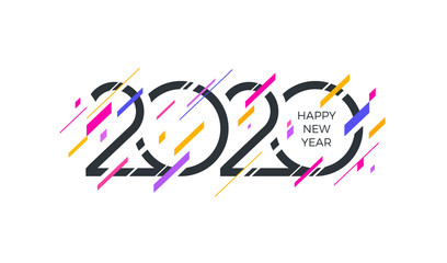 2020 new year logo with abstract geometric shapes. Multicolored Greeting design. Design for greeting card, invitation, calendar, etc.