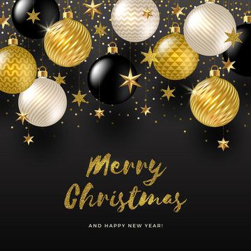 Vector illustration - Holiday greeting and Golden stars, black, white and golden Christmas baubles on a back background.