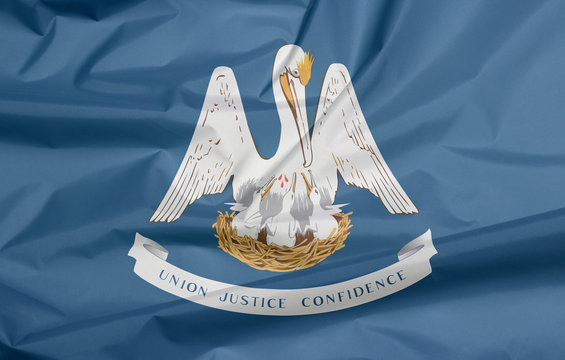 Crease of Louisiana flag background, the states of America. A mother pelican "in her nest feeding her young with her blood" on an azure field with state motto.