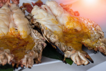 Closeup Grilled Shrimp River Burned on white plates.