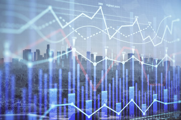 Forex chart on cityscape with skyscrapers wallpaper multi exposure. Financial research concept.
