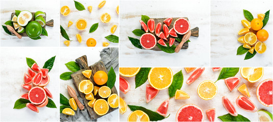 Fresh citrus fruits. Photo collage. Banner.