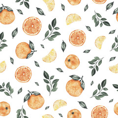 Watercolor seamless pattern with oranges tangerines citrus fruits green leaves isolated on white background. Botanical illustration for fabric textile