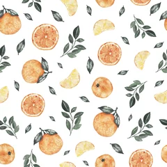 Tapeten Aquarellfrüchte Aquarell nahtlose Muster mit Orangen Mandarinen Zitrusfrüchte grüne Blätter auf weißem Hintergrund. Botanische Illustration für Stofftextilien