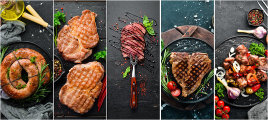 Barbecue, meat dishes: steak, kebab, sausage. Photo collage. Banner.