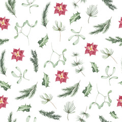 Watercolor winter seamless pattern with christmas fir branches Holly Jolly mistletoe isolated on white background. Xmas new year holiday illustration for fabric textile