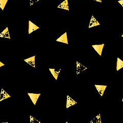 Gold geometric seamless pattern with triangles on black background. Abstract texture in hand drawn style for fabric, textile print, Wallpaper design, wrapping paper. Vector stock illustration