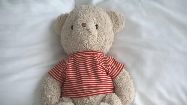 teddy bear doll sit on white bed and dual pillow at headboard in bedroom on vintage blue wall background for gift toy and surprise on winter christmas or child and kid birthday by dolly pan zoom 4K
