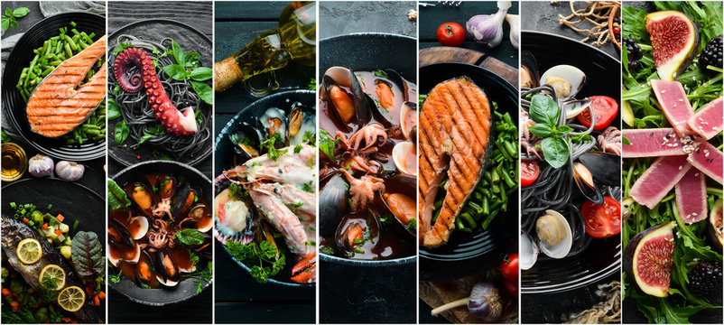 Seafood dishes: salmon, Dorado, octopus, mussels. Photo collage. Banner.