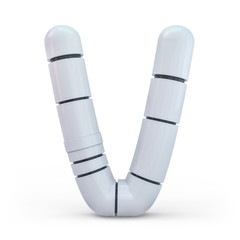 Capital letter V. Uppercase. Metallic futuristic white font. 3d.