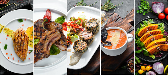 Set of dishes. Seafood, meat and vegetables. Photo collage. Banner.