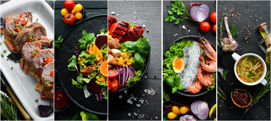Set of dishes. Seafood, meat and vegetables. Photo collage. Banner.