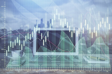 Multi exposure of forex chart and work space with computer. Concept of international online trading.