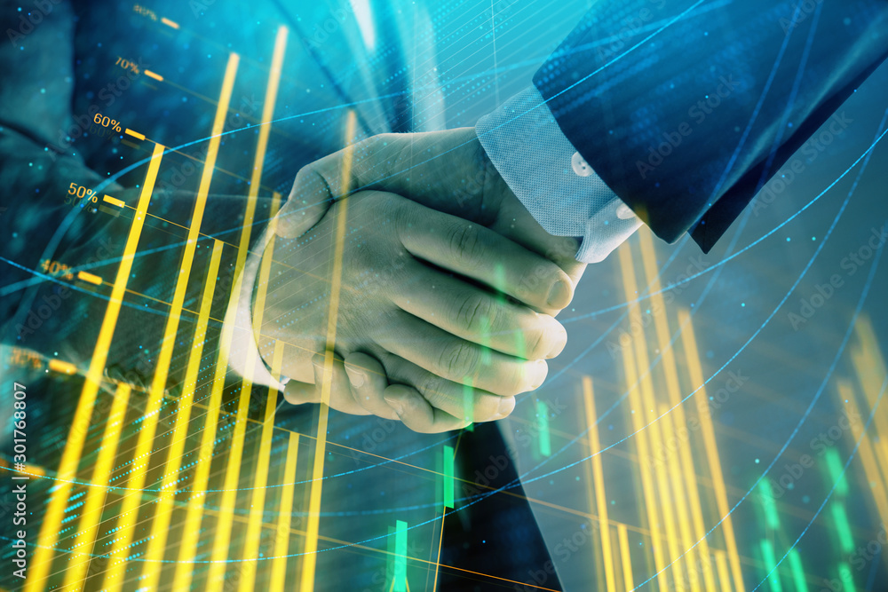 Poster multi exposure of forex graph on abstract background with two businessmen handshake. concept of succ