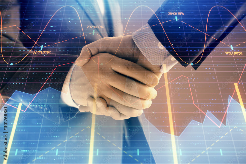 Poster multi exposure of forex graph on abstract background with two businessmen handshake. concept of succ