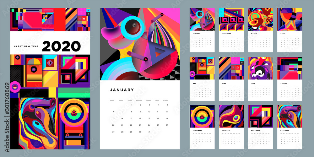 Poster 2020 new year calendar design template with colorful abstract liquid and geometric background