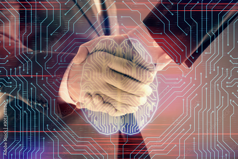 Aufkleber multi exposure of human brain drawing on abstract background with two men handshake. concept of data