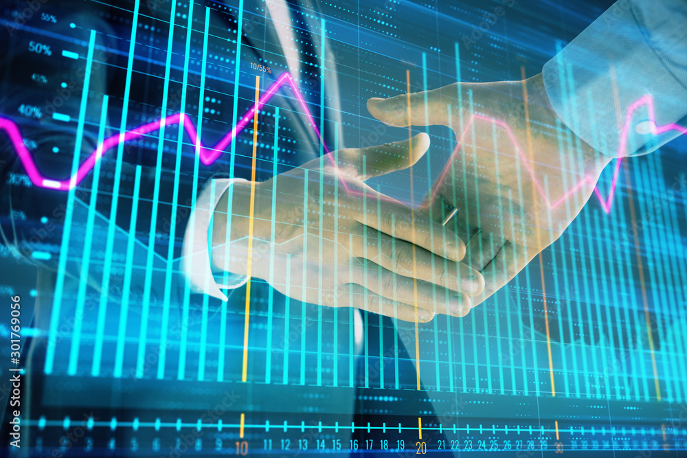 Poster multi exposure of forex graph on abstract background with two businessmen handshake. concept of succ