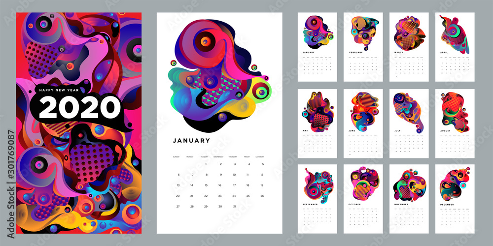 Poster 2020 new year calendar design template with colorful abstract liquid and geometric background