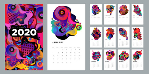 2020 new year calendar design template with colorful abstract liquid and geometric background