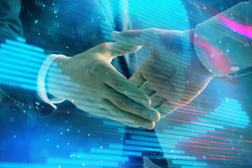 Multi exposure of hacking drawing on abstract background with two men handshake. Concept of data cyberpiracy
