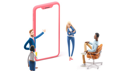 Application development and social media concept. 3d illustration.  Cartoon characters. Business teamwork concept on white background.