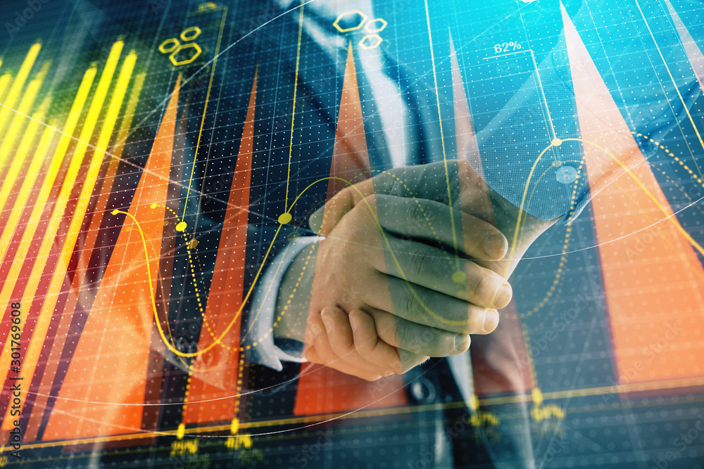 Poster multi exposure of forex graph on abstract background with two businessmen handshake. concept of succ