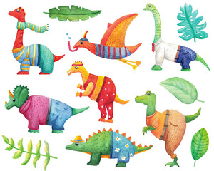 Set of cute watercolor dinosaurs in clothes and tropical leaves. Children's isolated illustrations.