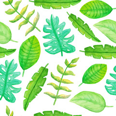 Seamless pattern with cute watercolor tropical leaves.
