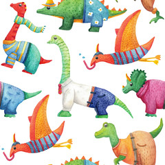 Seamless pattern with cute watercolor dinosaurs in clothes.