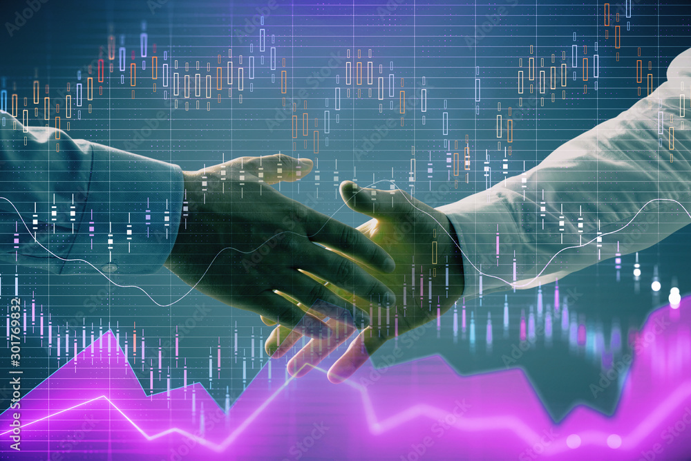 Poster multi exposure of forex graph on abstract background with two businessmen handshake. concept of succ