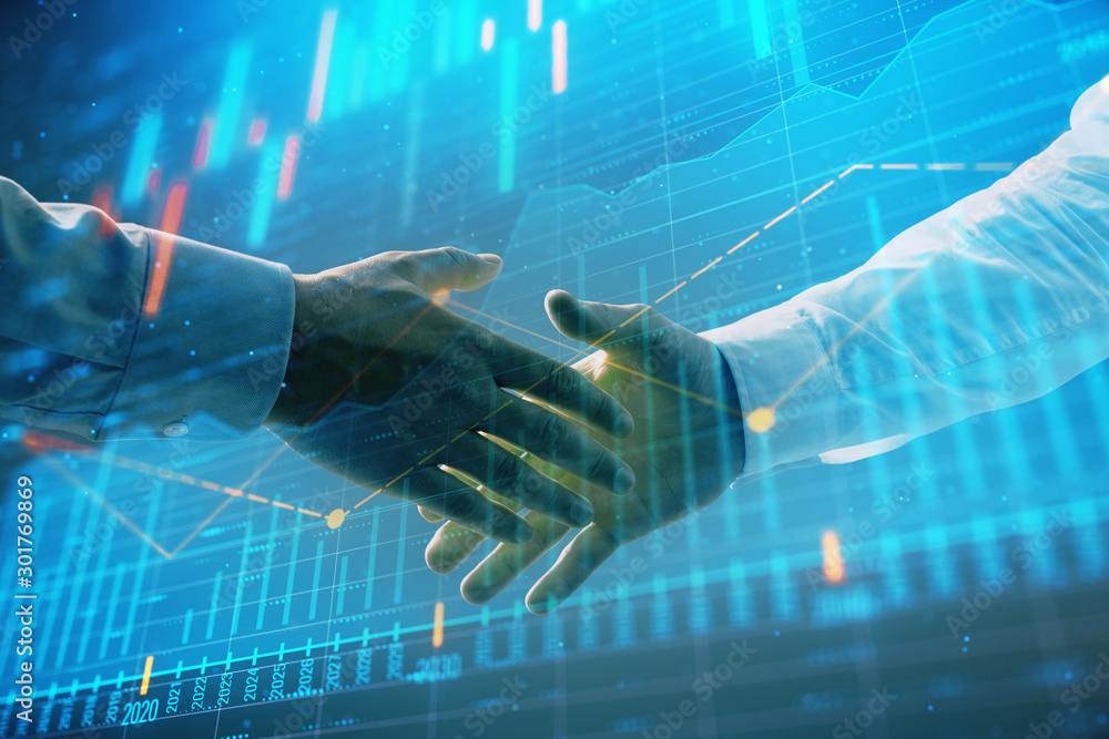 Poster multi exposure of forex graph on abstract background with two businessmen handshake. concept of succ
