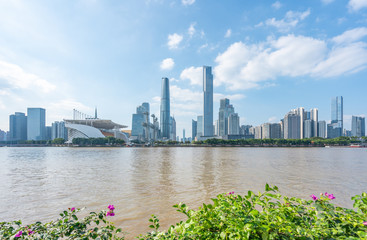 wide-angle aerial view of Guangzhou Zhujiang New Town financial district, Guangdong, China.