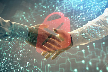 Multi exposure of lock icon drawing on abstract background with two men handshake. Concept of data securitization