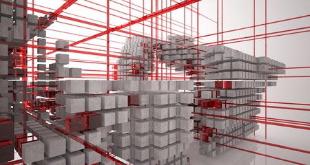Abstract architectural white  interior  from an array of concrete cubes with large windows. 3D illustration and rendering.