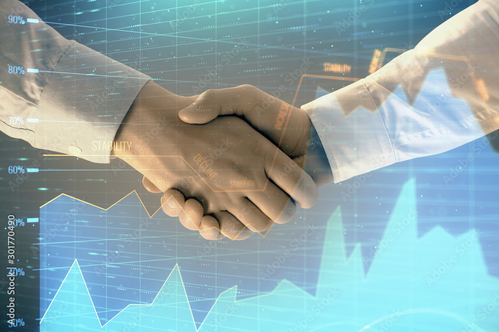 Poster multi exposure of forex graph on abstract background with two businessmen handshake. concept of succ