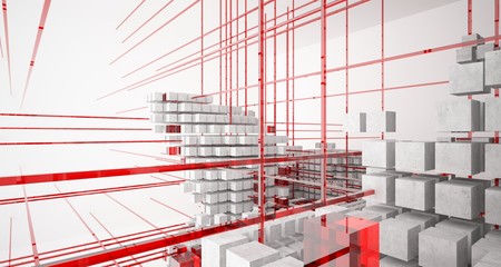 Abstract architectural white  interior  from an array of concrete cubes with large windows. 3D illustration and rendering.