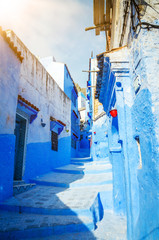 Beautiful street of blue medina in city Chefchaouen,  Morocco, Africa.