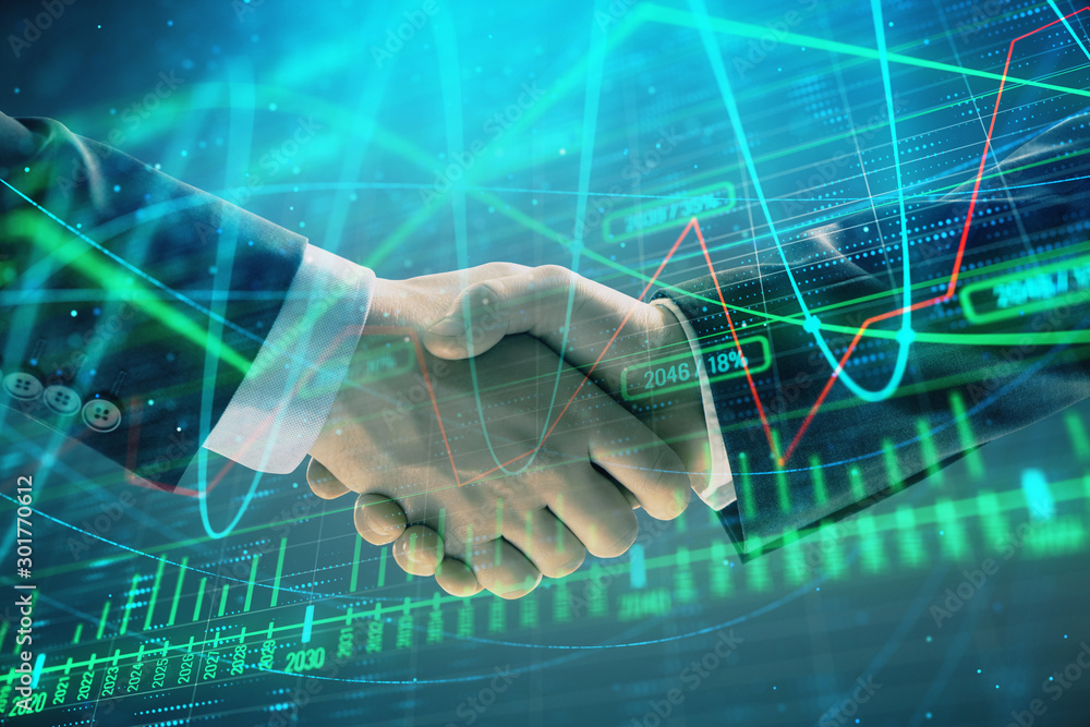 Poster multi exposure of forex graph on abstract background with two businessmen handshake. concept of succ