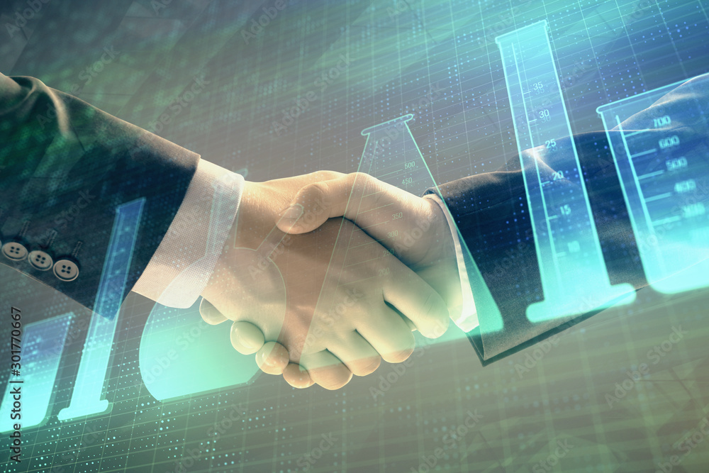 Poster multi exposure of lab flasks hologram on abstract background with two men handshake. concept of educ