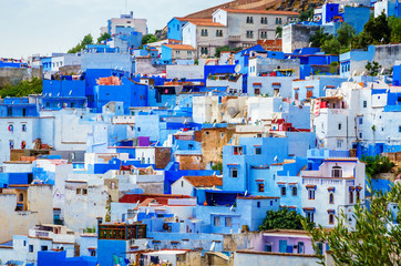 Aerial view of blue medina of city Chefchaouen,  Morocco, Africa.