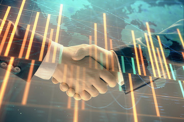Multi exposure of forex graph and world map on abstract background with two businessmen handshake. Concept of success on international markets
