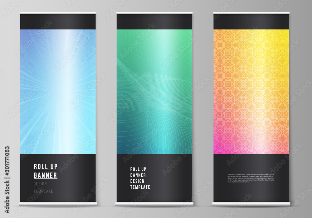 Aufkleber the vector illustration of the editable layout of roll up banner stands, vertical flyers, flags desi