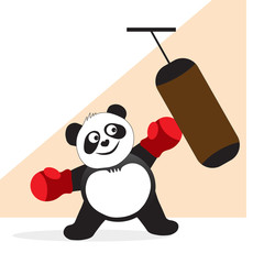 Panda boxer hits a punching bag. A panda bear in sports gloves is engaged in training, working out shock equipment.