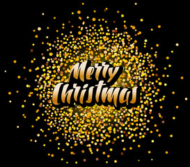 Merry Christmas inscription calligraphic lettering design. Congratulation. Handmade lettering. Handwritten inscription on a gold background. For greeting card, poster, banner, tag