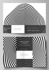Vector layout of two A4 format modern cover mockups design templates for bifold brochure, flyer, booklet, report. Abstract 3D geometrical background with optical illusion black design pattern.