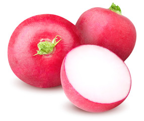 Isolated radishes. Two radish vegetables with half isolated on white background with clipping path